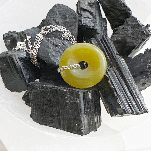 Alquimia Jewelry - Olive green Jade medallion on sterling silver dainty chain stamped/ lucky charm